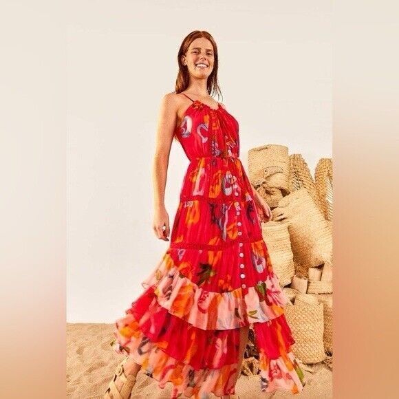 FARM Rio Red and Pink Floral Midi Dress - Picture 4 of 12